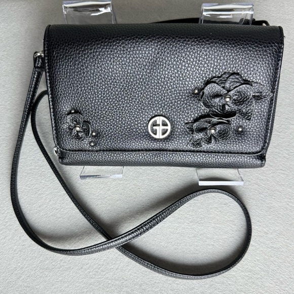 Giani Bernini Rosette Wallet Crossbody Black Faux Leather Crossbody Floral - Picture 1 of 14